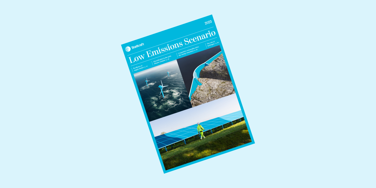 Capa do Low Emissions Scenario de 2023, que inclui uma barragem, painéis solares e turbinas eólicas offshore